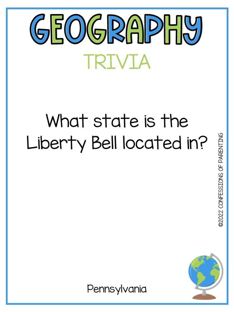 "Geography Trivia" title in blue and green  and trivia question on white background with desktop globe and thin blue border 