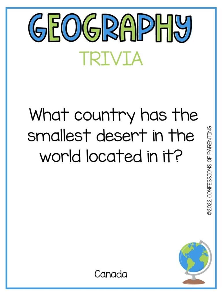 "Geography Trivia" title in blue and green  and trivia question on white background with desktop globe and thin blue border 