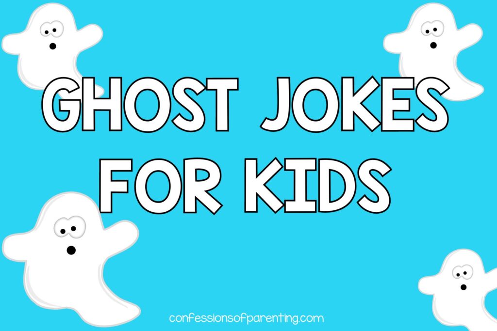 4 white ghosts on blue background with white text that says ghost jokes for kids
