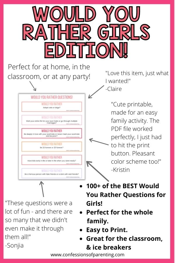 Testimonial of the would you rather questions for girls stating that it is perfect for the whole family and classroom.
