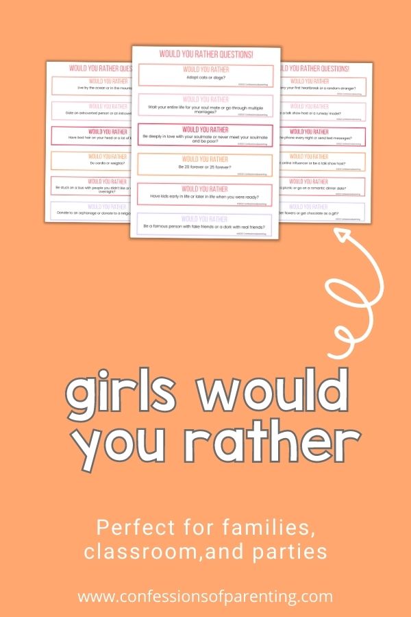 Three examples of the printable for the girls would you rather on a peachy background. 