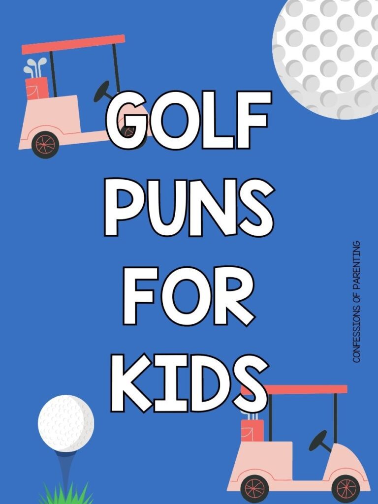 2 pink golf carts, a blue tee holding a ball, one golf ball on blue background with white text that says "golf puns for kids"