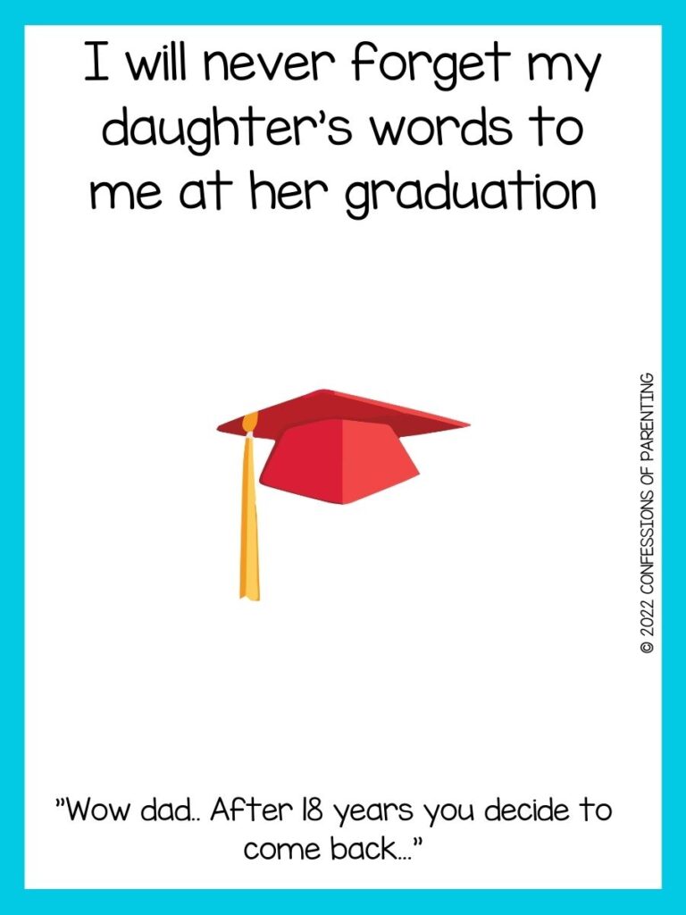 red graduation cap and graduation joke on white background with teal border