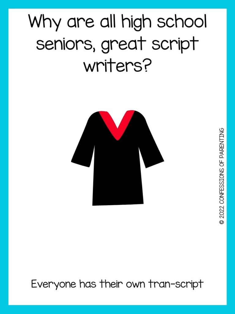 black graduation robe with red collar and graduation joke on white background with teal border