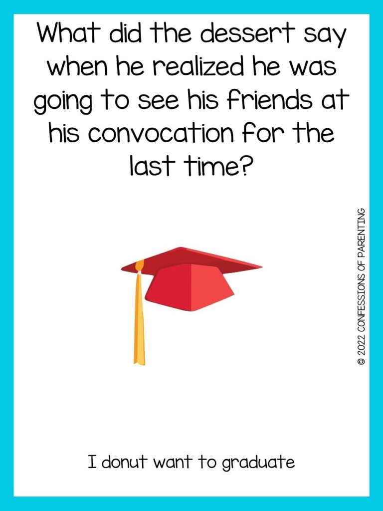 red graduation cap and graduation joke on white background with teal border