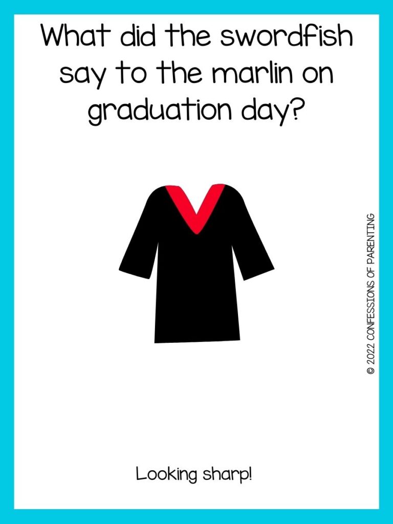 black graduation robe with red collar and graduation joke on white background with teal border