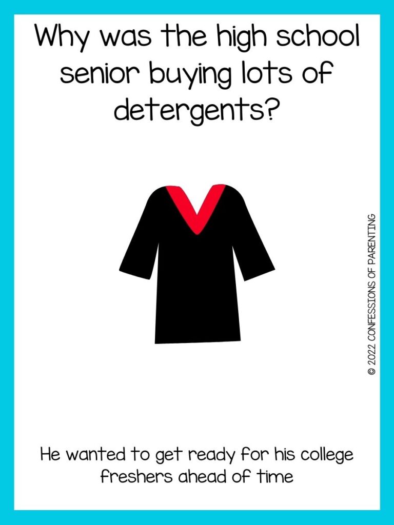 black graduation robe with red collar and graduation joke on white background with teal border