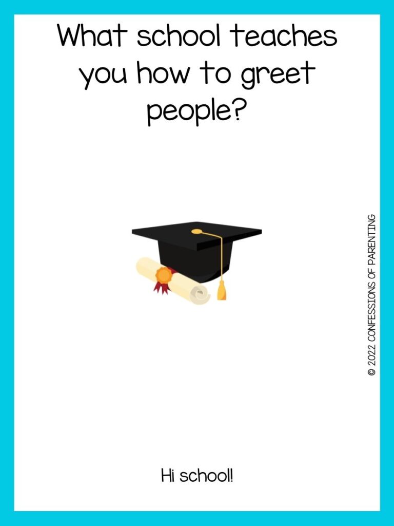 black graduation cap with rolled diploma and graduation joke on white background with teal border
