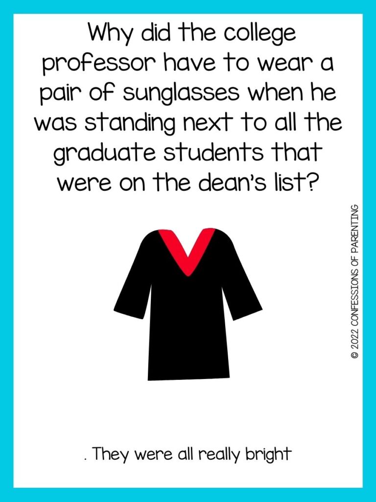 black graduation robe with red collar and graduation joke on white background with teal border