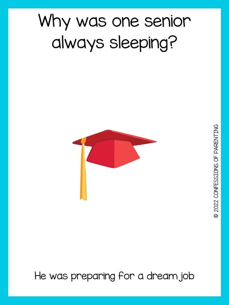 red graduation cap and graduation joke on white background with teal border