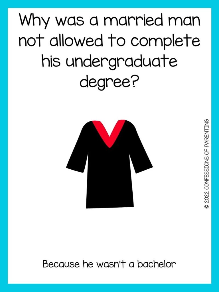 black graduation robe with red collar and graduation joke on white background with teal border
