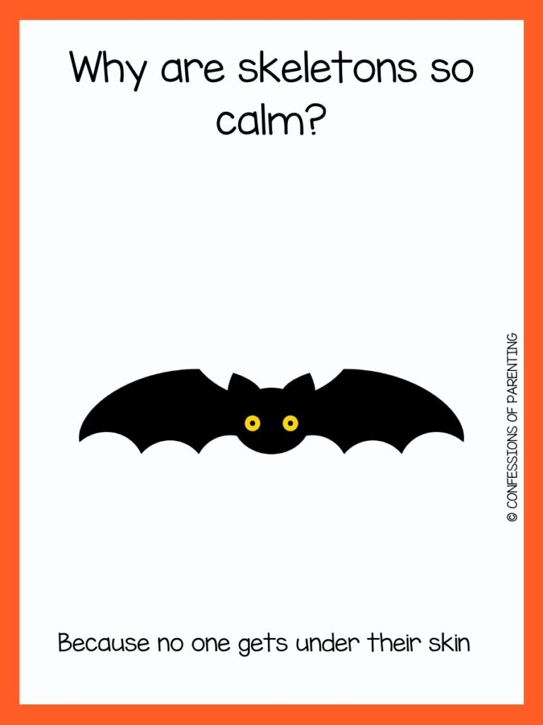 bat with yellow eyes and halloween joke on white background with orange border 