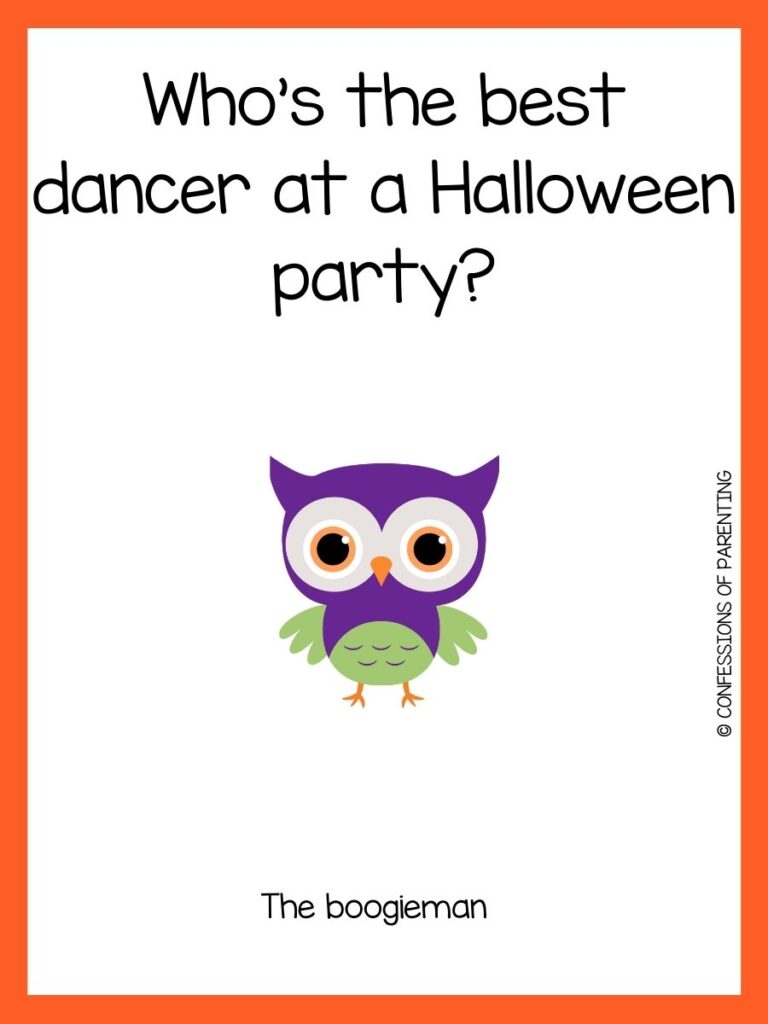 purple owl with green wings and halloween joke on white background with orange border