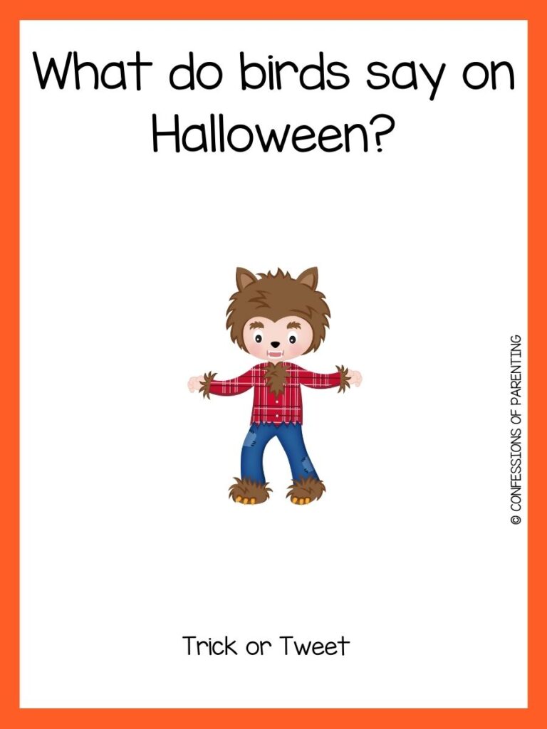 little kid in werewolf costume and halloween joke on white background with orange border 