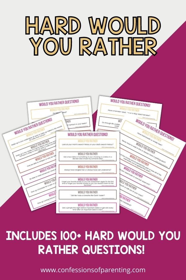 Five examples of the hard would you rather on a dark reddish purple background. 