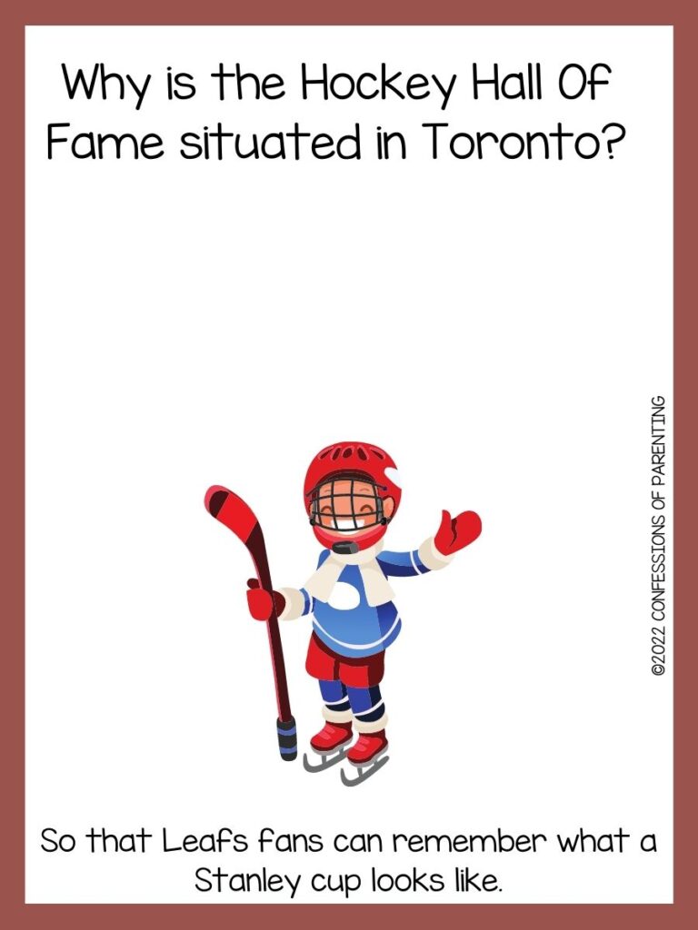 Hockey player with brown border and hockey joke.