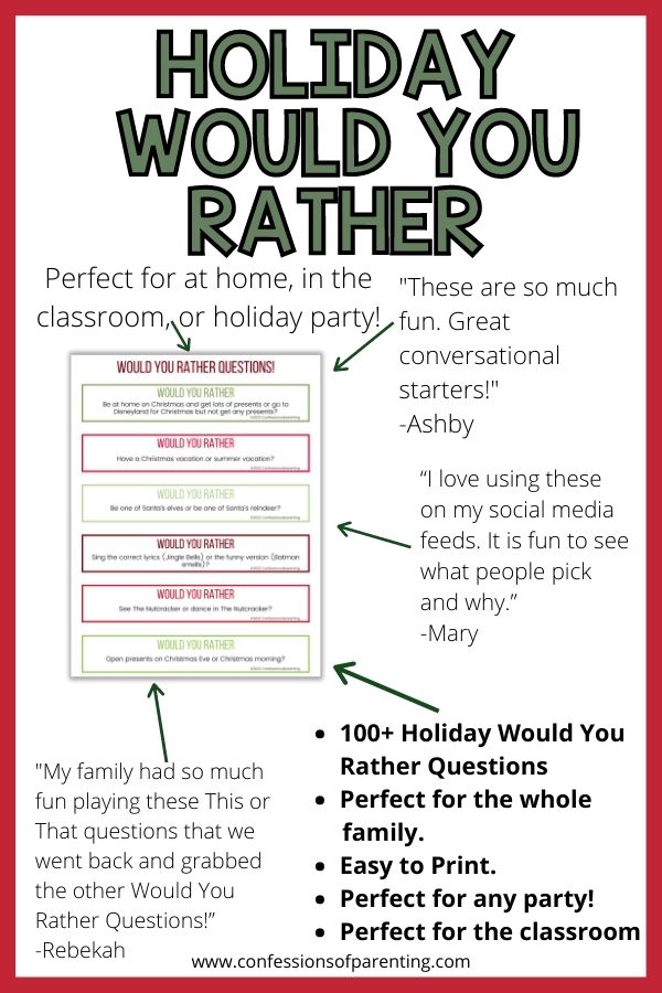 Testimonials on the would you rather stating that there are 100+ questions and great for any party and classroom. 