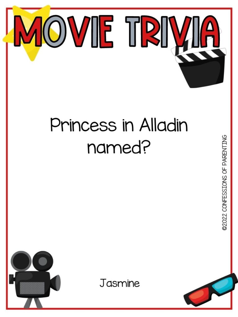 a star, old movie camera and other movie themed items with a movie trivia question on a white background with a thin red border