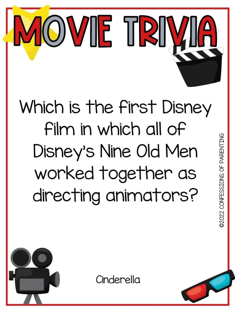 a star, old movie camera and other movie themed items with a movie trivia question on a white background with a thin red border