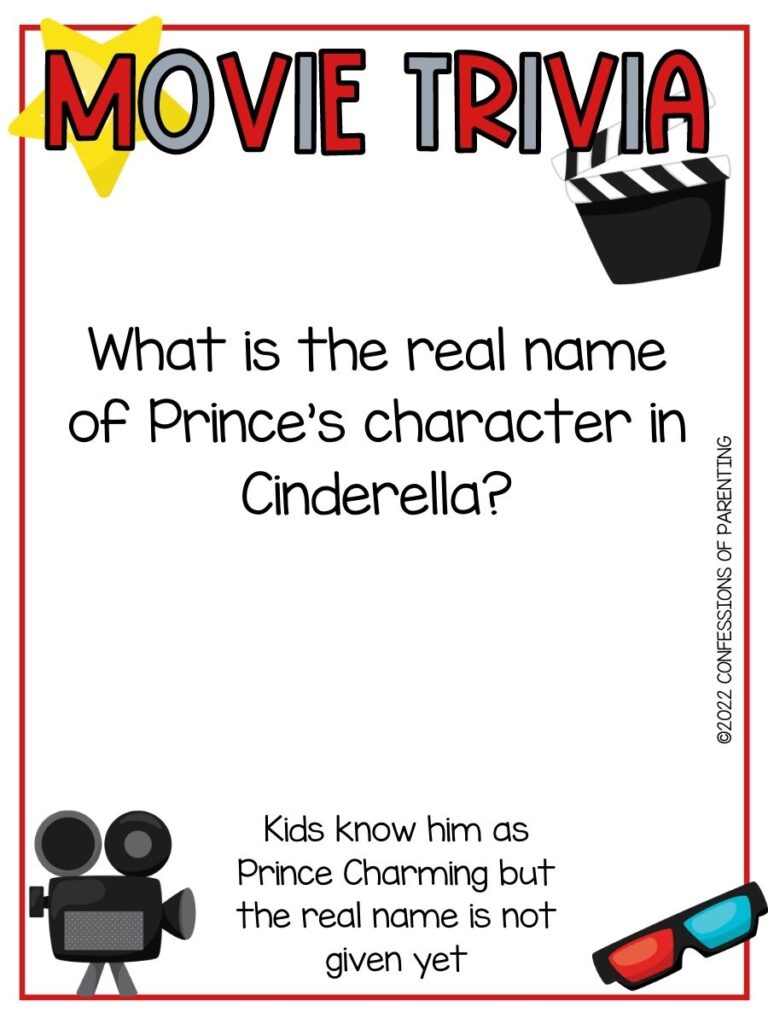 a star, old movie camera and other movie themed items with a movie trivia question on a white background with a thin red border