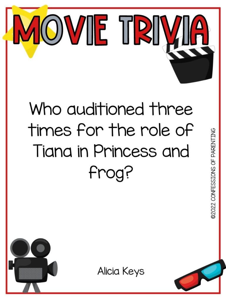a star, old movie camera and other movie themed items with a movie trivia question on a white background with a thin red border