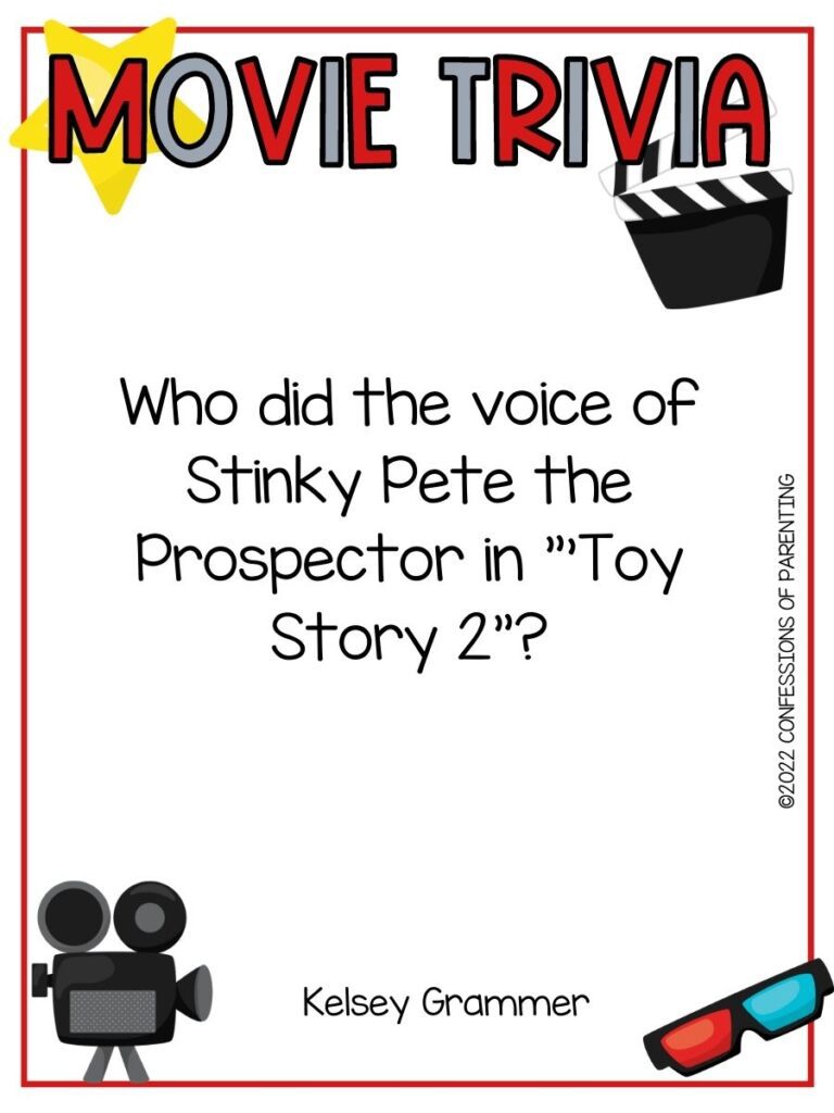 a star, old movie camera and other movie themed items with a movie trivia question on a white background with a thin red border