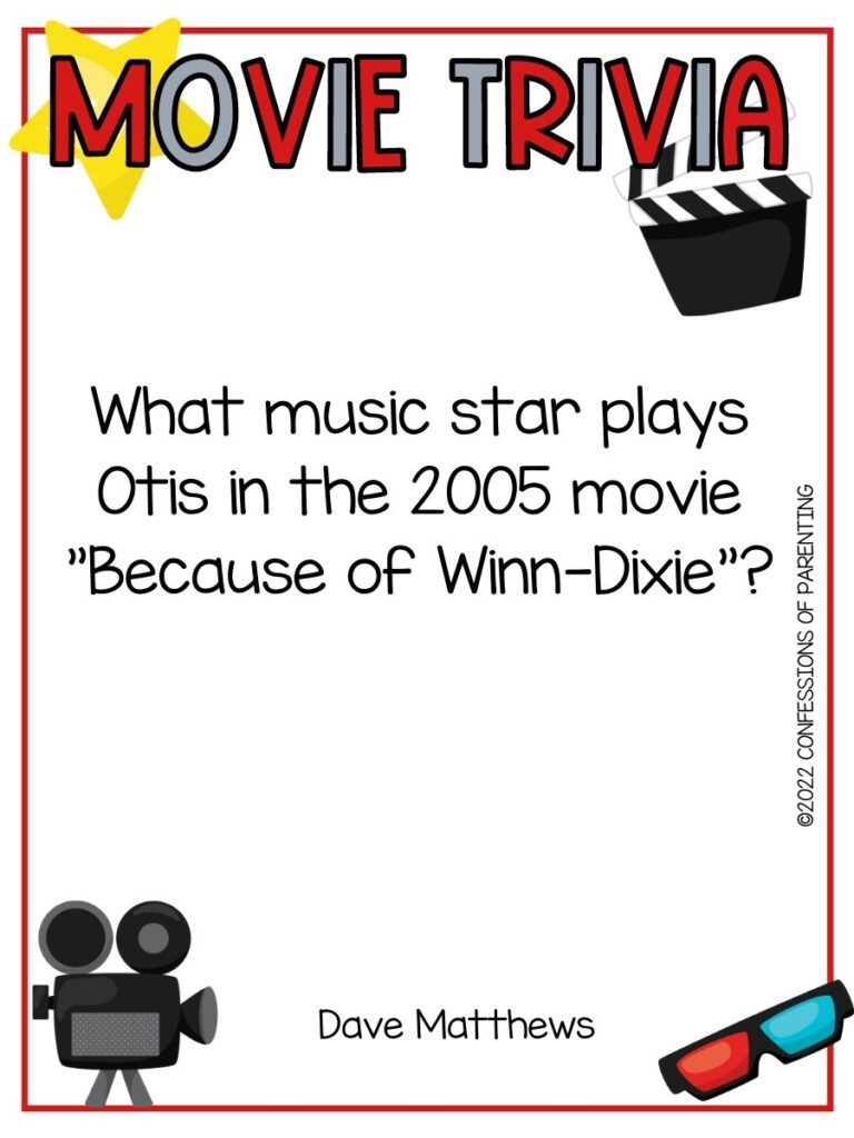 a star, old movie camera and other movie themed items with a movie trivia question on a white background with a thin red border