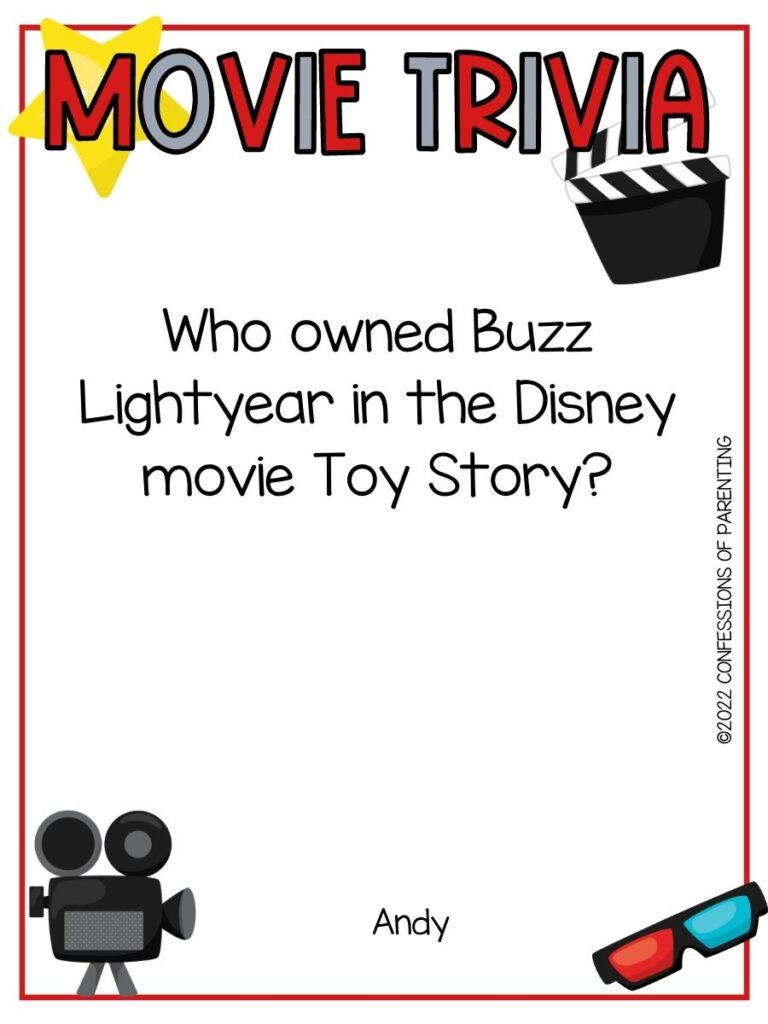 a star, old movie camera and other movie themed items with a movie trivia question on a white background with a thin red border