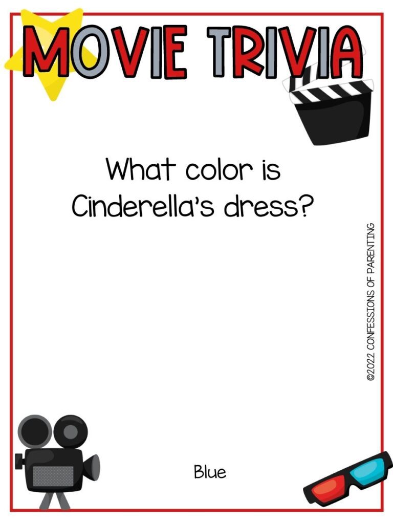 a star, old movie camera and other movie themed items with a movie trivia question on a white background with a thin red border