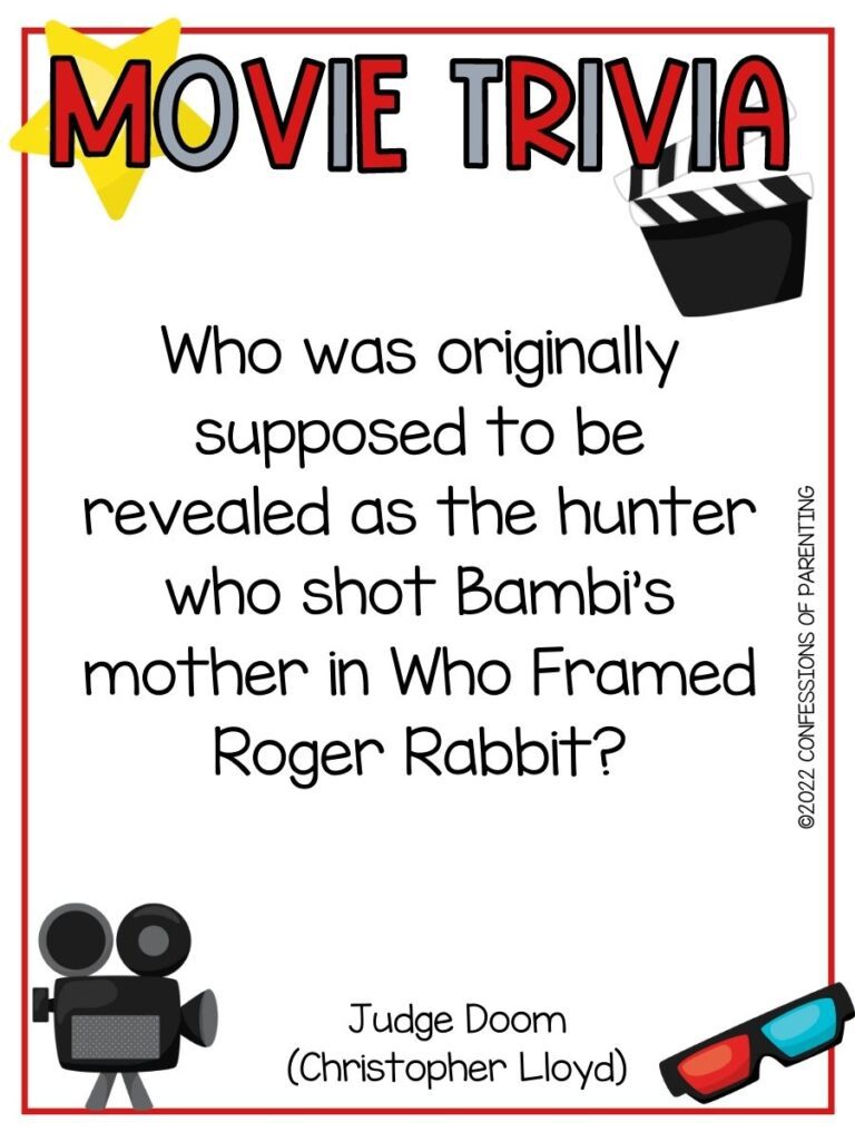 a star, old movie camera and other movie themed items with a movie trivia question on a white background with a thin red border