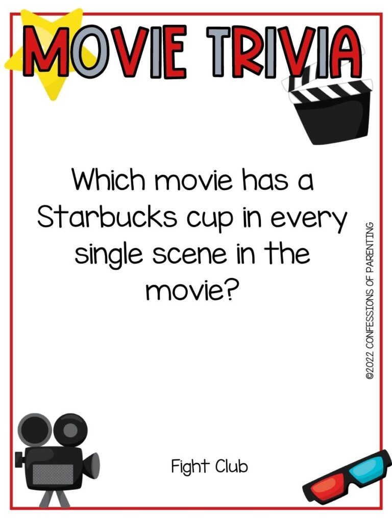 a star, old movie camera and other movie themed items with a movie trivia question on a white background with a thin red border