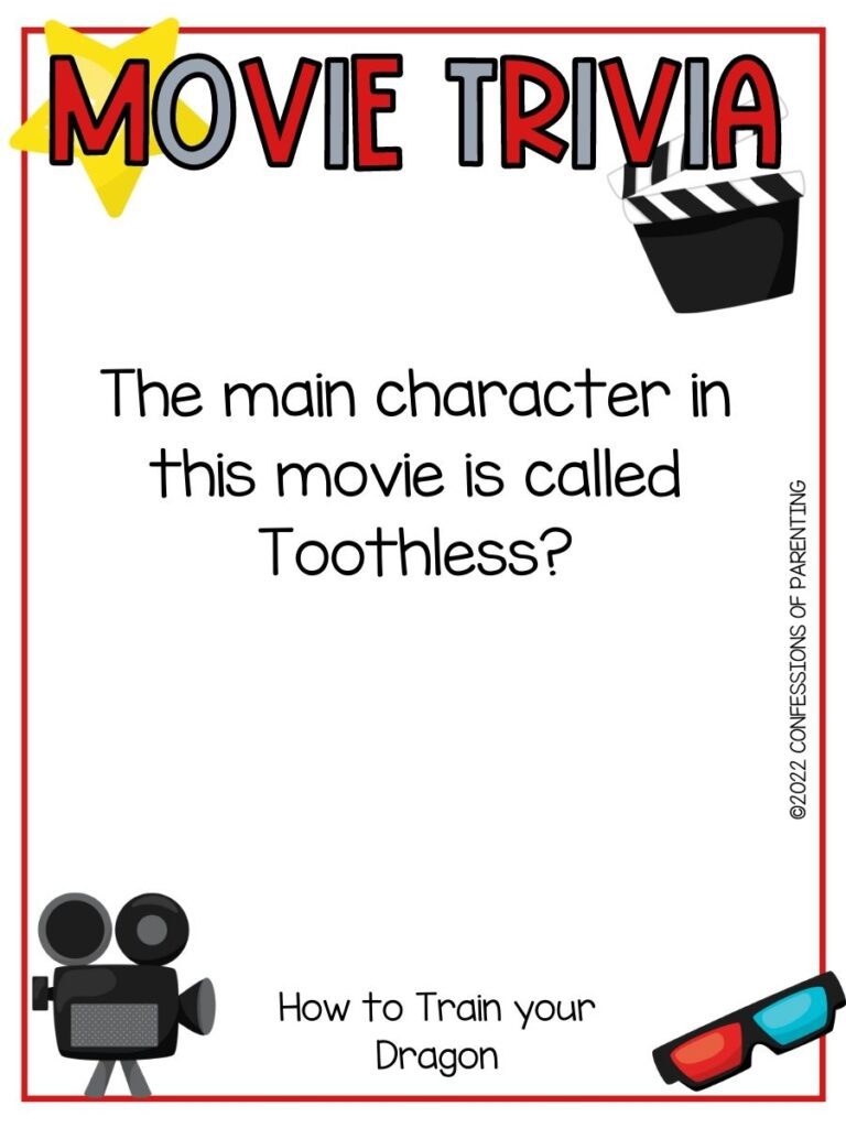a star, old movie camera and other movie themed items with a movie trivia question on a white background with a thin red border
