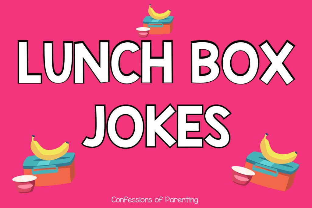 3 lunch boxes with white text that says lunch box jokes on pink background 