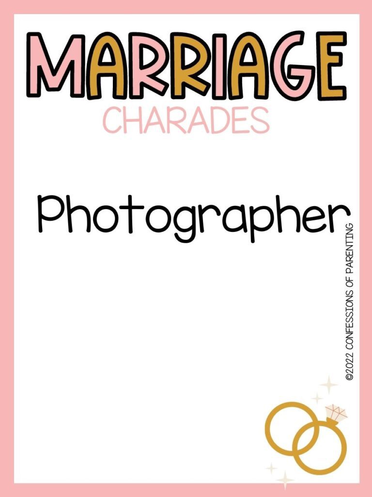 marriage charades title in gold and pink with charades idea and 2 gold rings on white background with pink border 