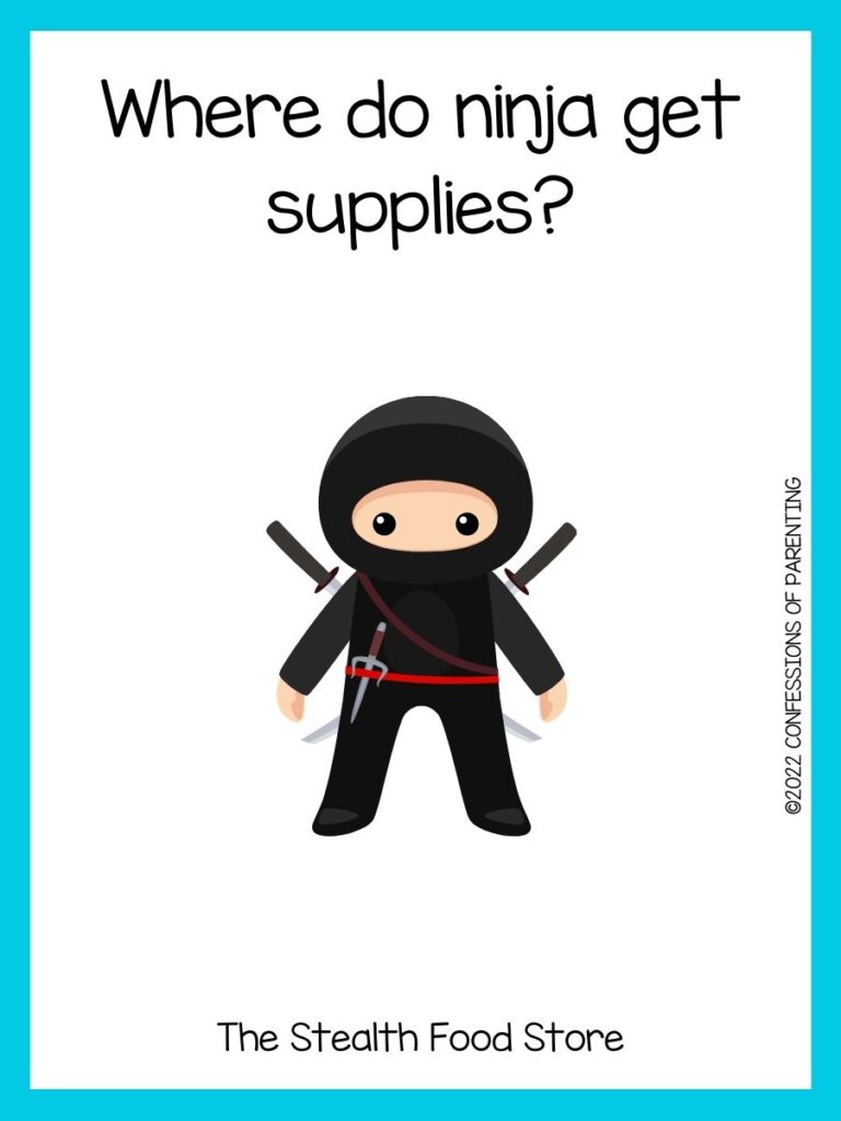 A ninja with swords with blue border and ninja joke