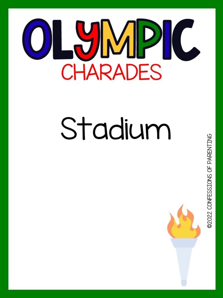 olympic charades title in rainbow colors with charade example and torch on white background with green border