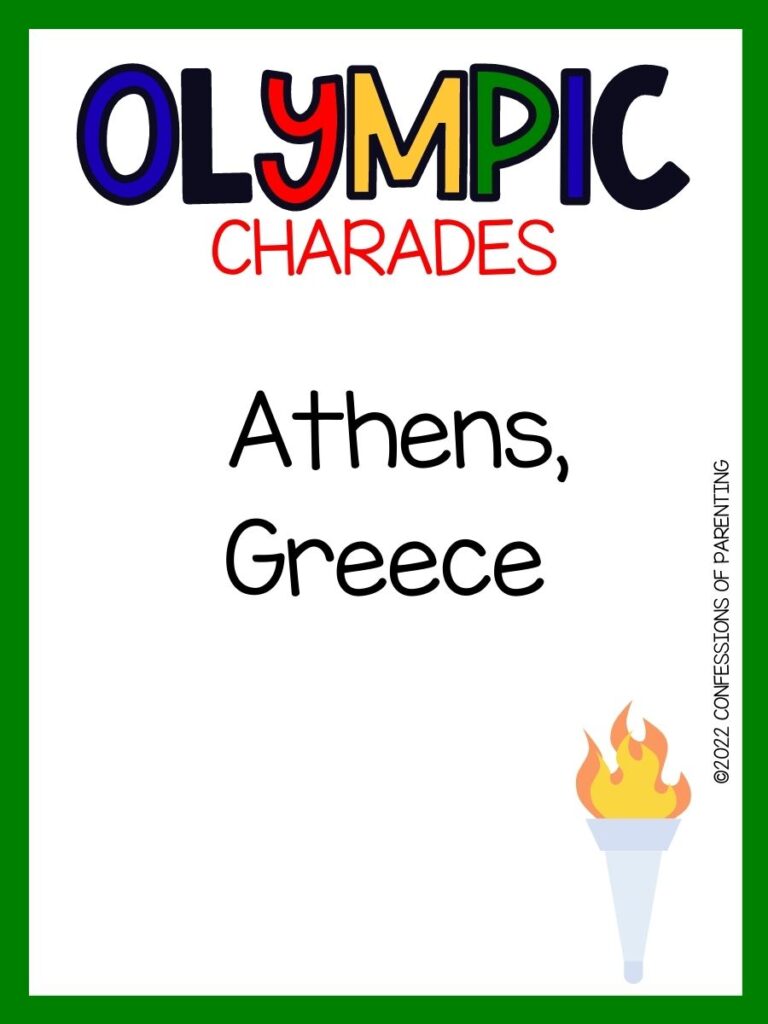 olympic charades title in rainbow colors with charade example and torch on white background with green border