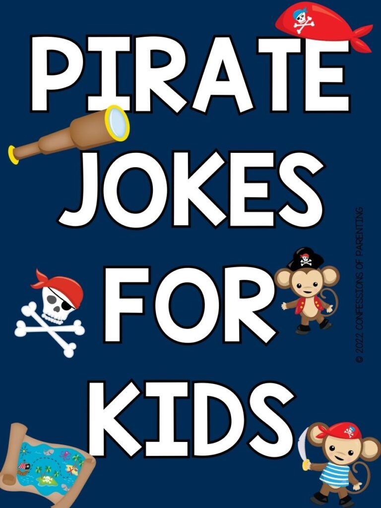 3 pirate monkeys with two sculls on blue background with white text that says "pirate jokes for kids"