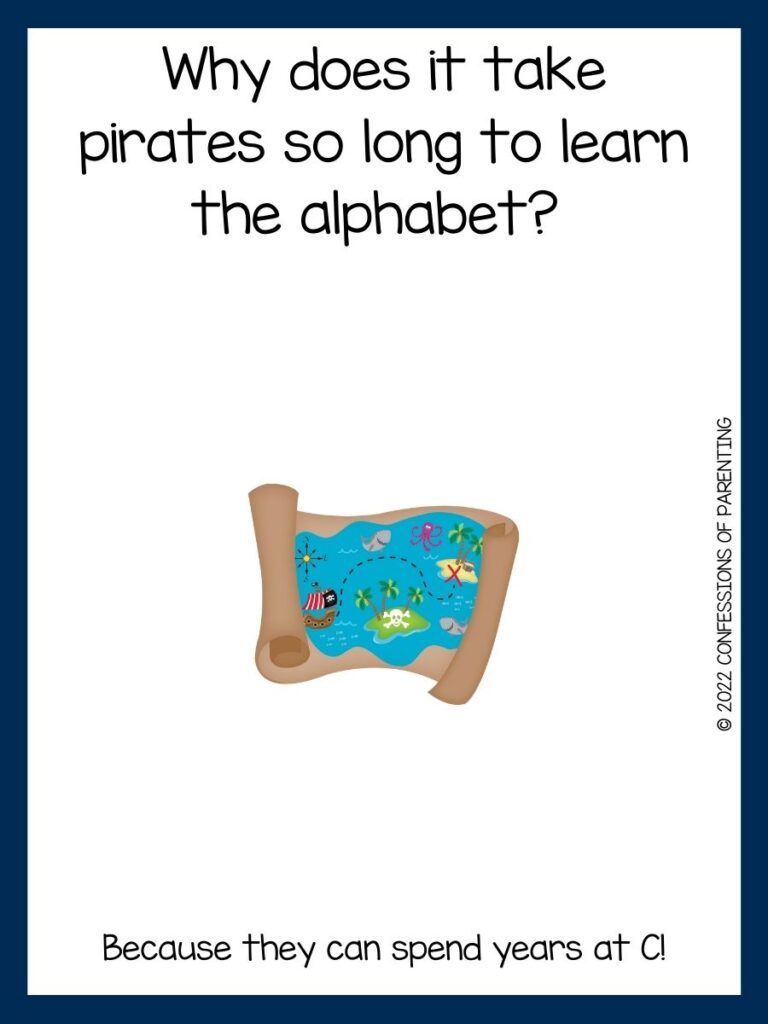 treasure map and pirate joke on white background with dark blue border