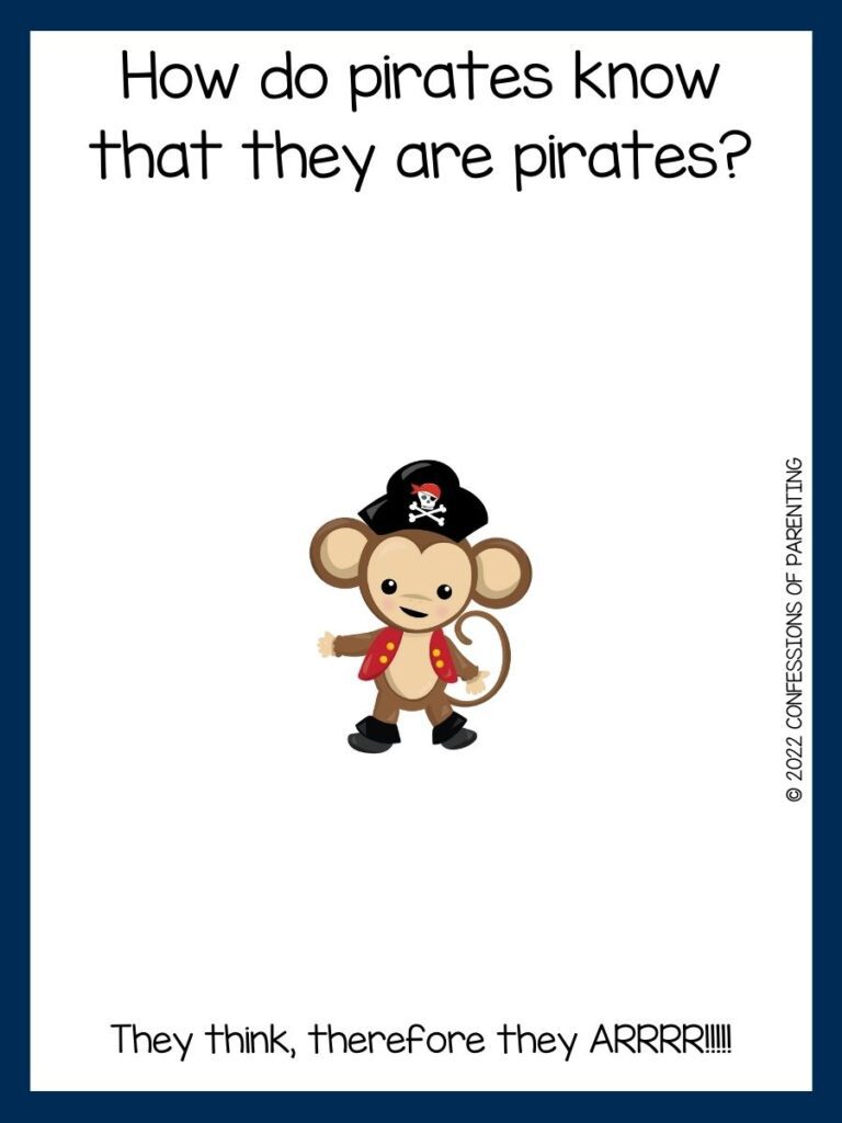 pirate monkey and pirate joke on white background with dark blue border