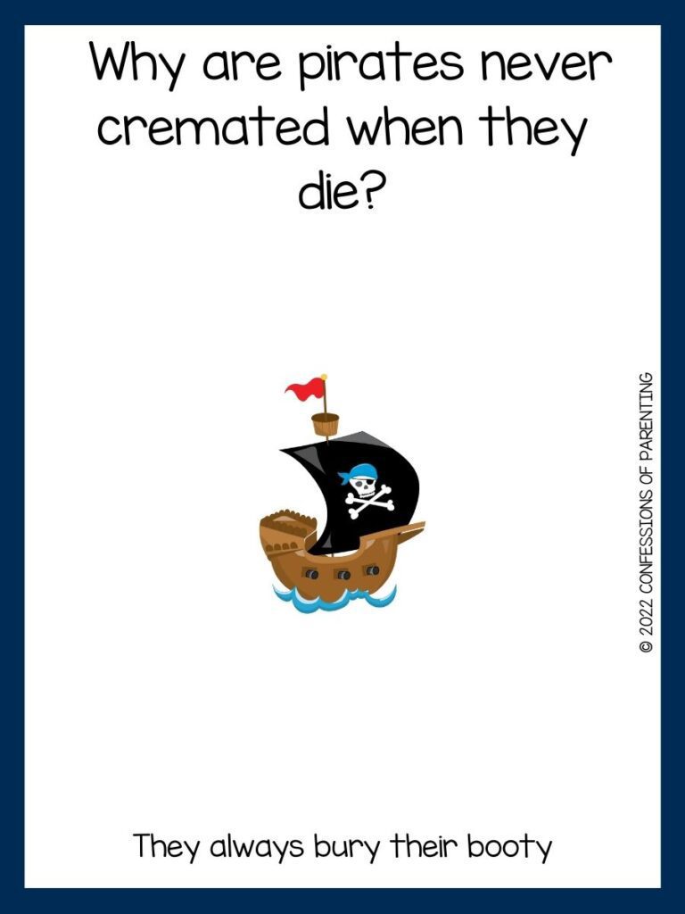 pirate ship and pirate joke on white background with dark blue border
