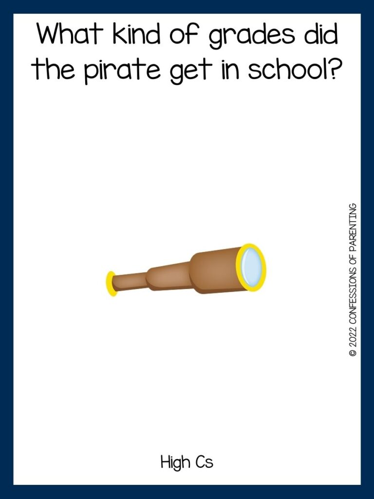 an old spyglass and pirate joke on white background with dark blue border