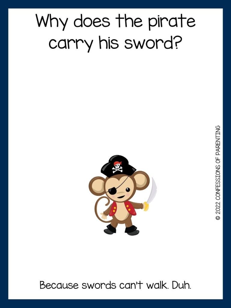 pirate monkey with a sword and pirate joke on white background with dark blue border