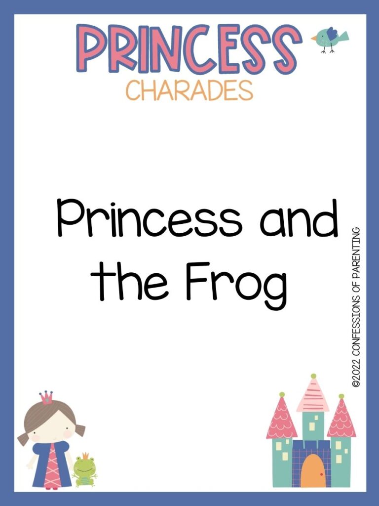 Princess charade with little bird, princess and a frog and a castle on white background with blue trim