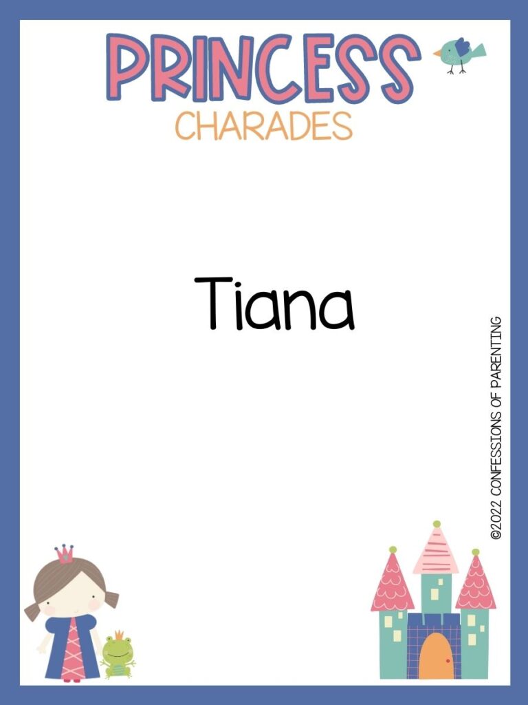 Princess charade with little bird, princess and a frog and a castle on white background with blue trim