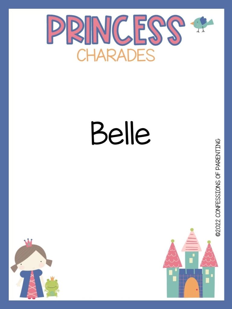 Princess charade with little bird, princess and a frog and a castle on white background with blue trim