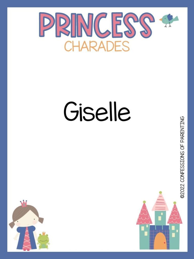 Princess charade with little bird, princess and a frog and a castle on white background with blue trim