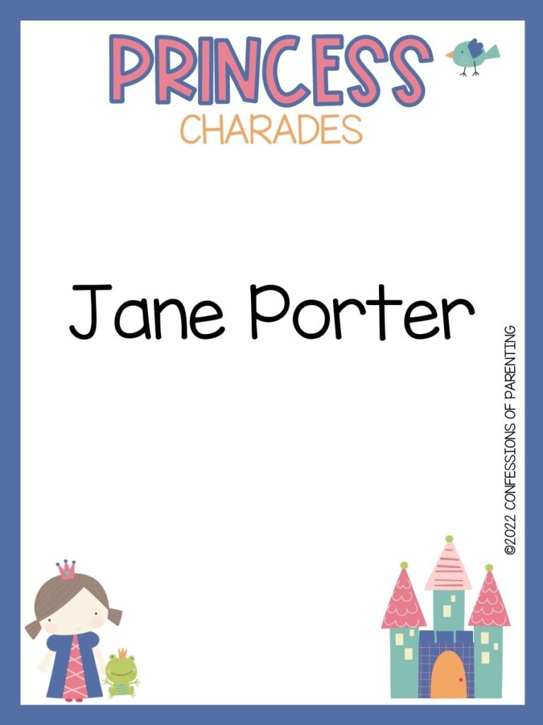 Princess charade with little bird, princess and a frog and a castle on white background with blue trim