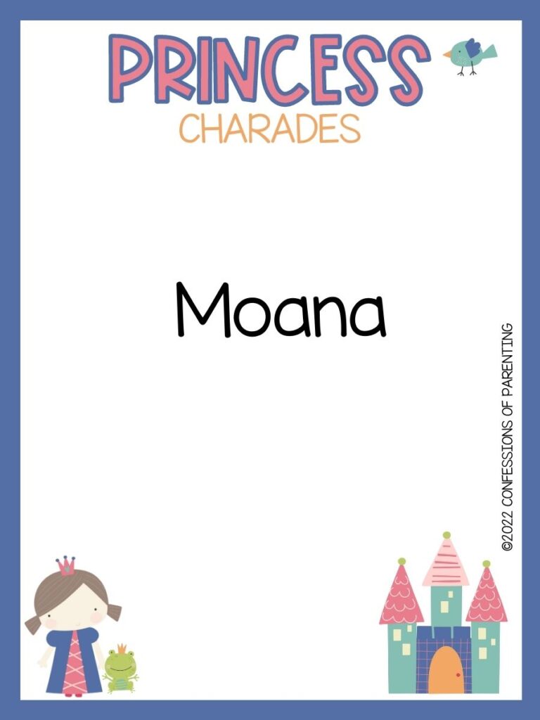 Princess charade with little bird, princess and a frog and a castle on white background with blue trim