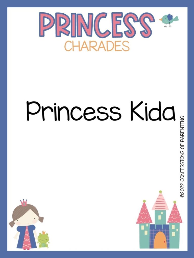 Princess charade with little bird, princess and a frog and a castle on white background with blue trim